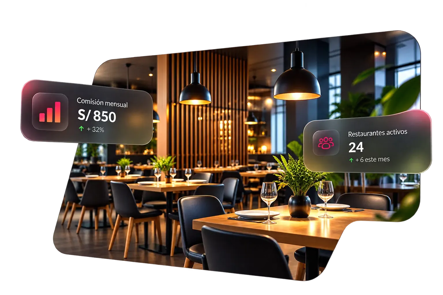 Restaurante con tarjetas de Ryori que muestran una comisión mensual de S/ 850 y 24 restaurantes activos