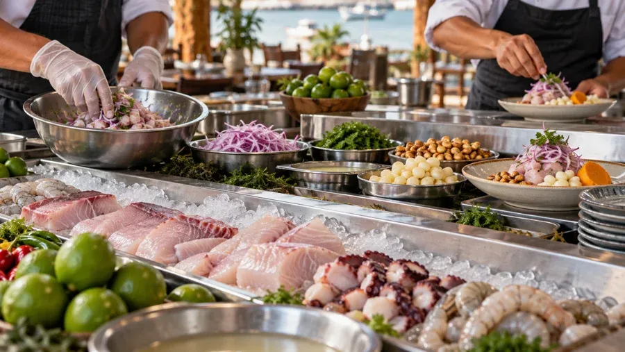 Barra fría de cevichería en Piura preparando pescados y mariscos