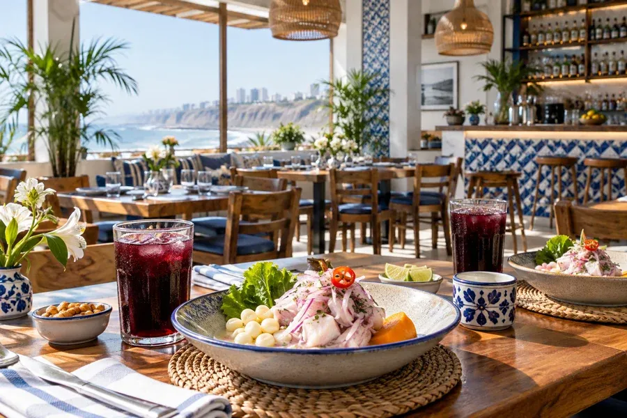 Salón costero de cevichería en Lima con platos frescos