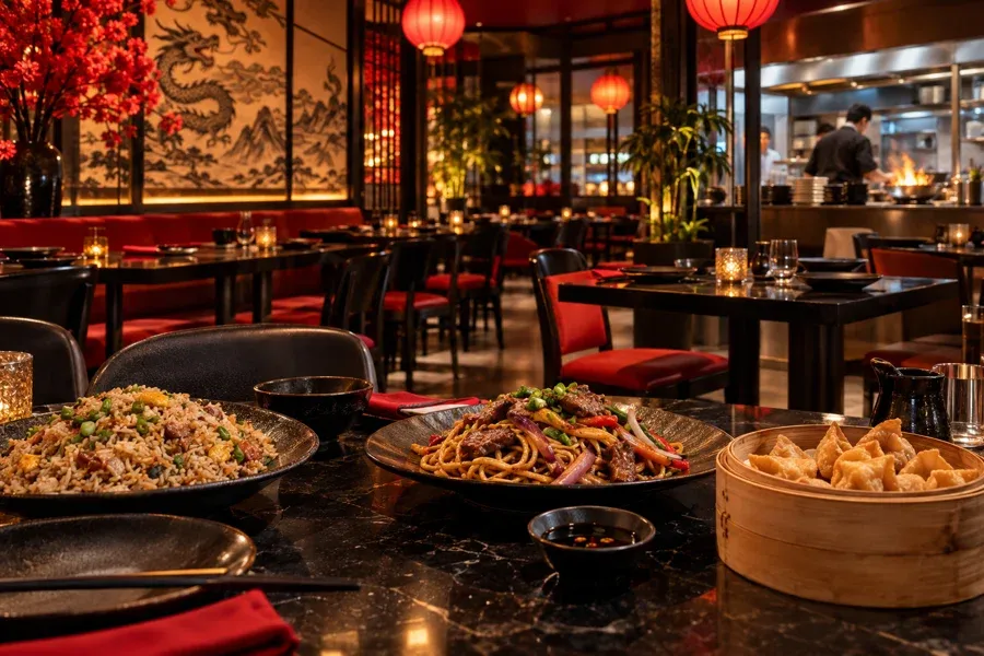 Salón moderno de chifa en Lima con platos de chaufa y tallarín