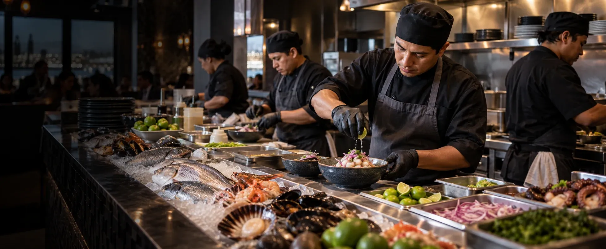 Barra de cevichería preparando pedidos en hora punta