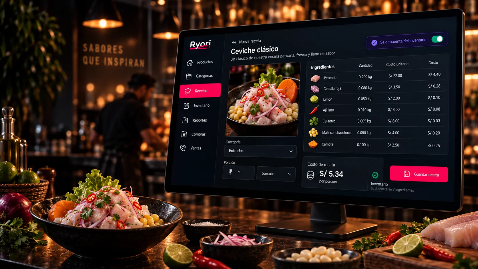 Pantalla oscura de Ryori para crear recetas con ingredientes, costos y descuento de inventario