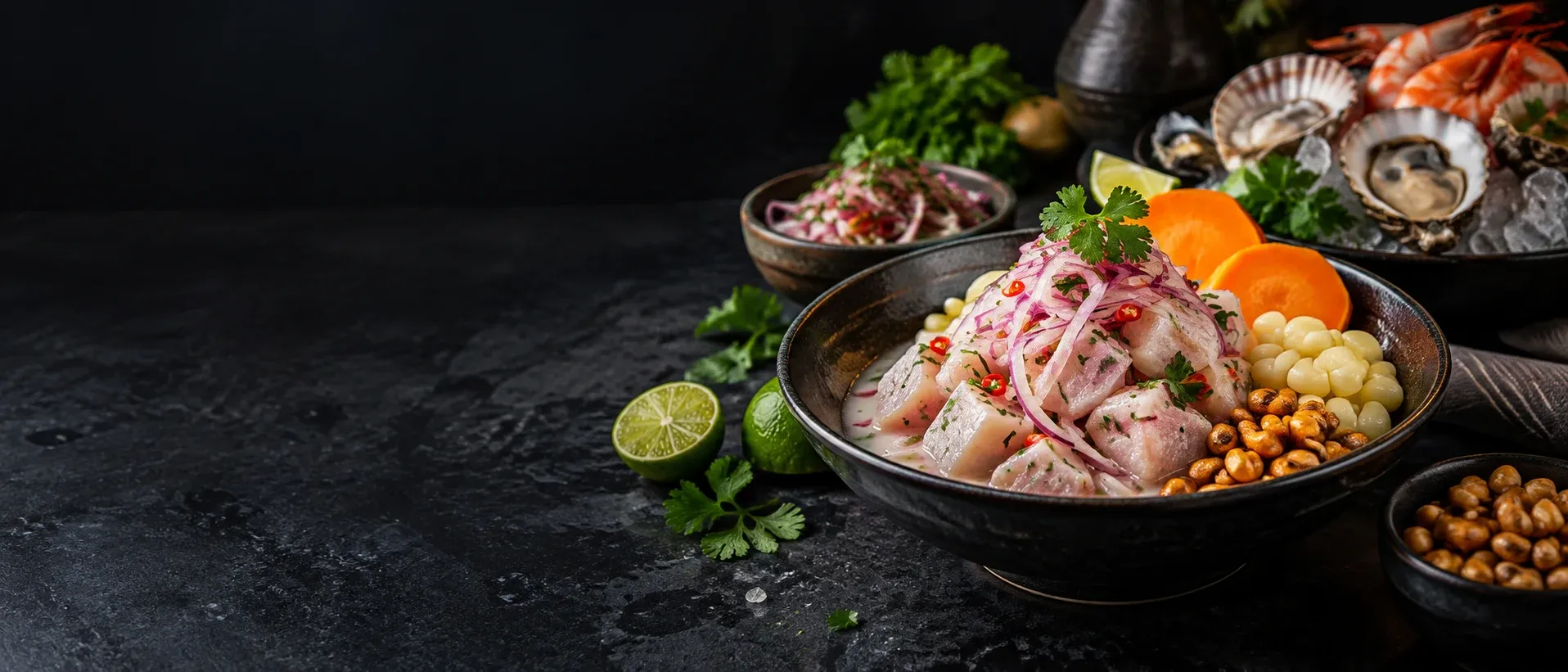Ceviche fresco con mariscos para una cevichería