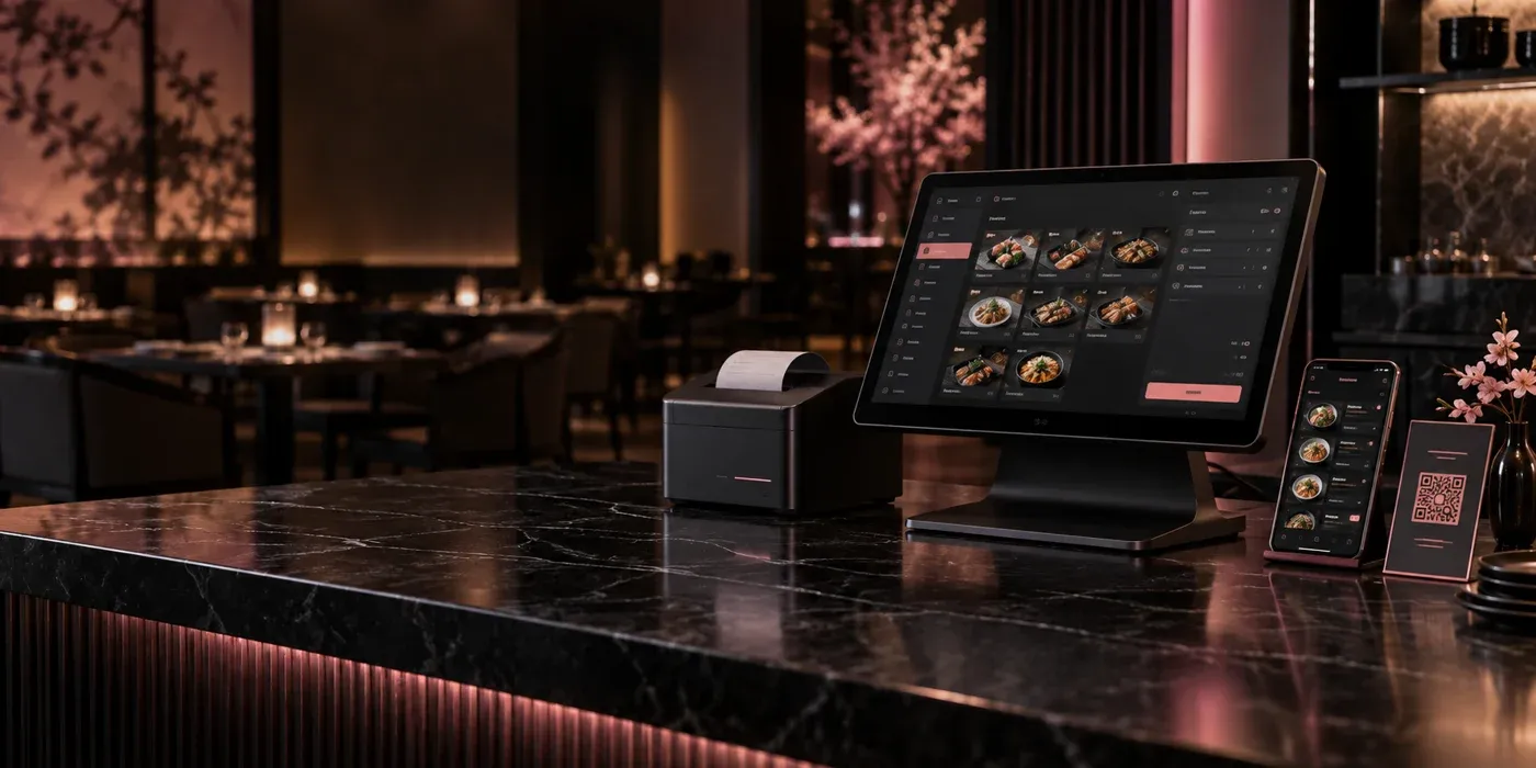 Sistema POS Ryori con pantalla táctil, celular, QR e impresora en un restaurante