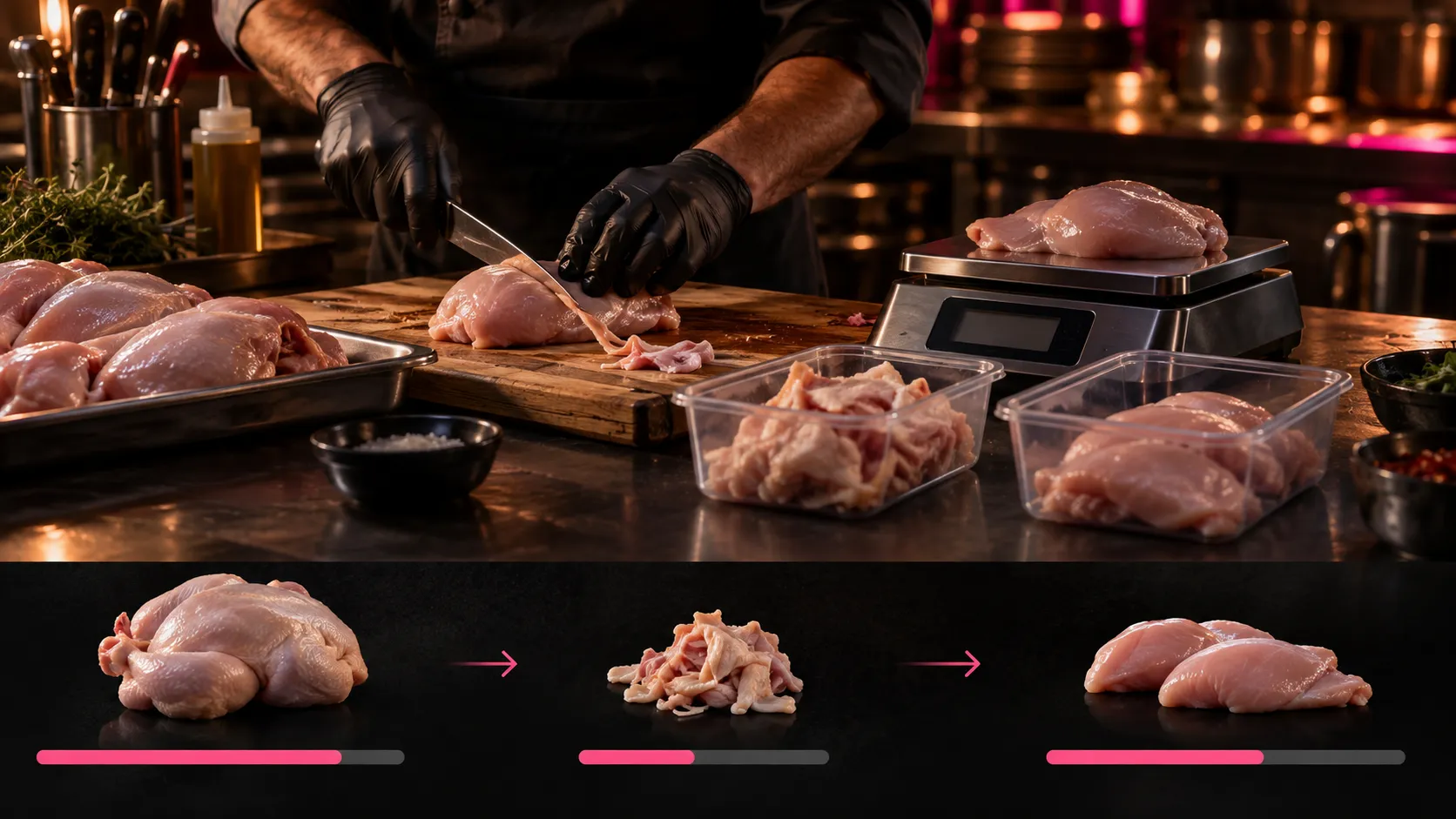 Proceso de preparación de pollo con pérdida de peso por limpieza y producción