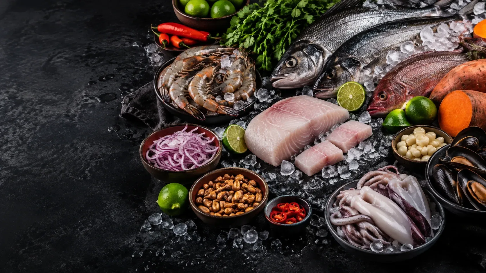 Insumos frescos de cevichería para inventario y recetas