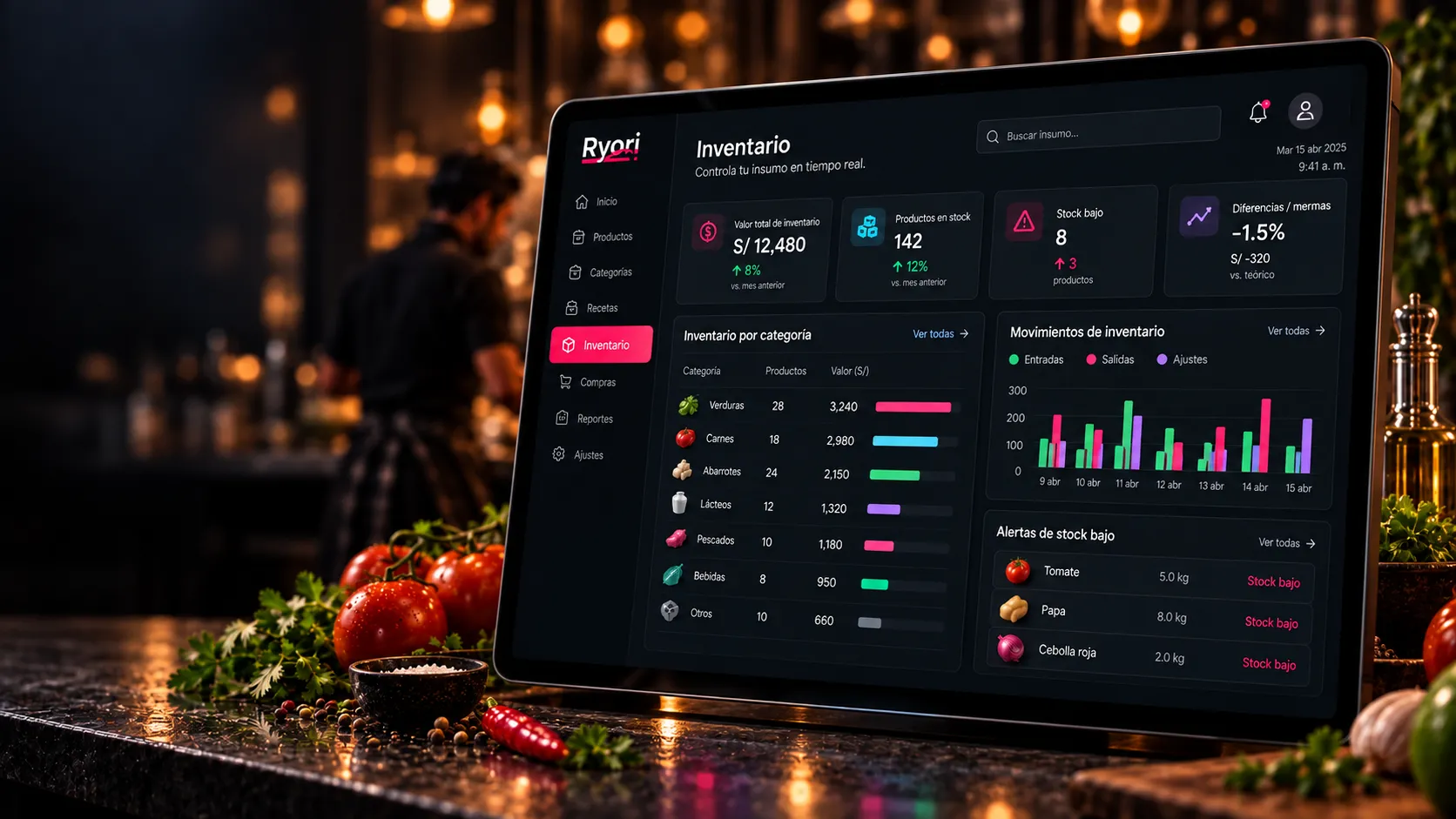 Dashboard oscuro de inventario de Ryori con stock valorizado, alertas y movimientos