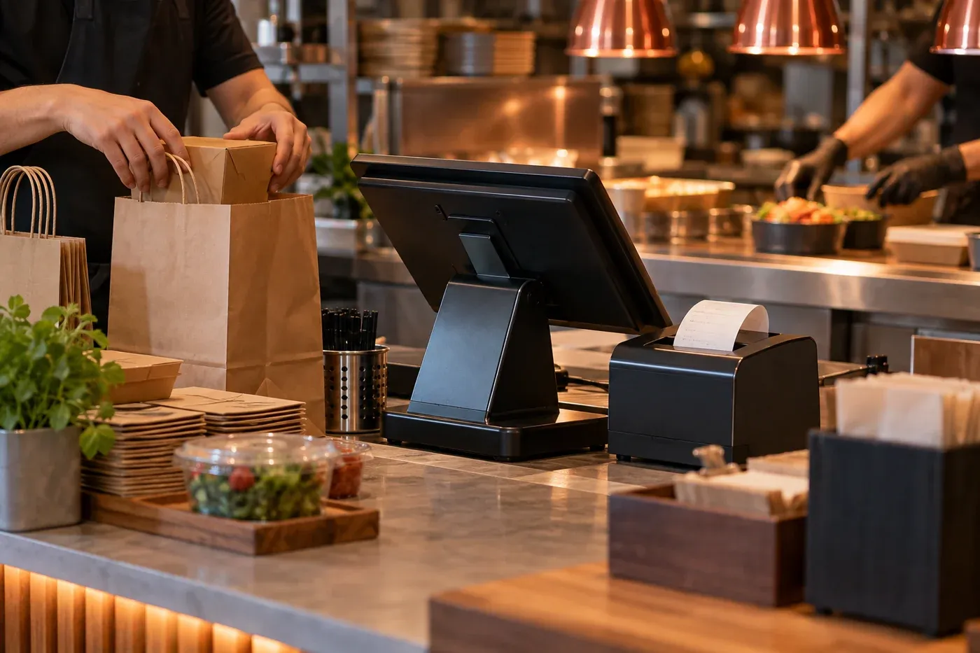 Mostrador de restaurante con punto de venta e impresora térmica