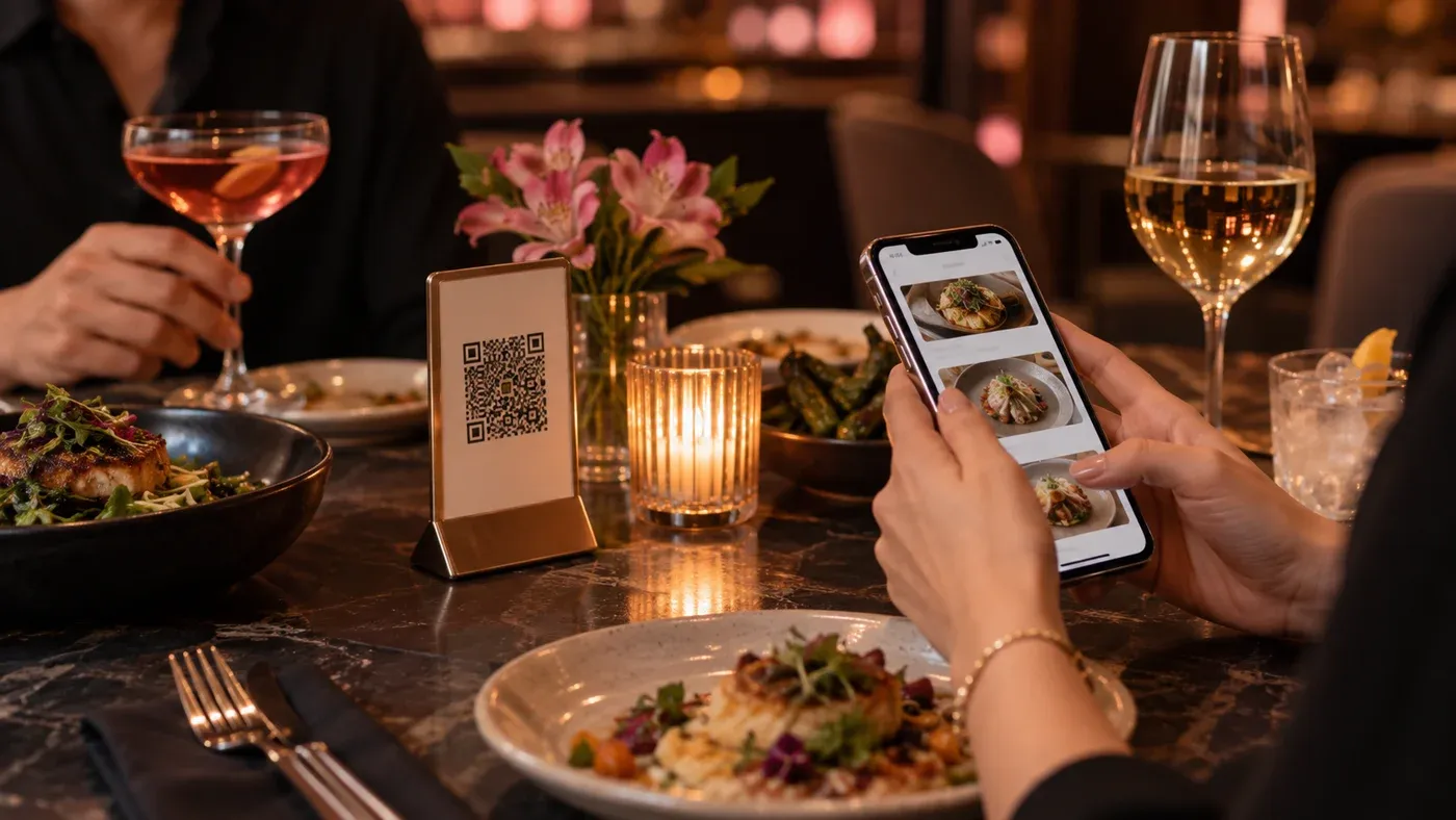 Mesa de restaurante con QR y cliente revisando carta digital