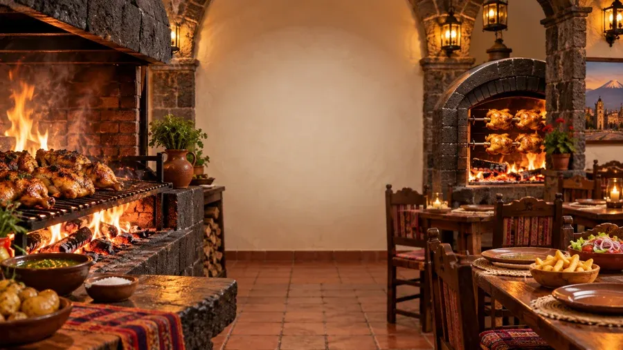 Pollería rústica en Arequipa con brasa abierta y comedor regional