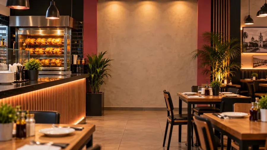 Salón urbano de pollería en Lima con horno de pollo a la brasa
