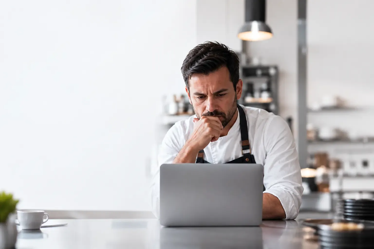 Chef pensando frente a laptop