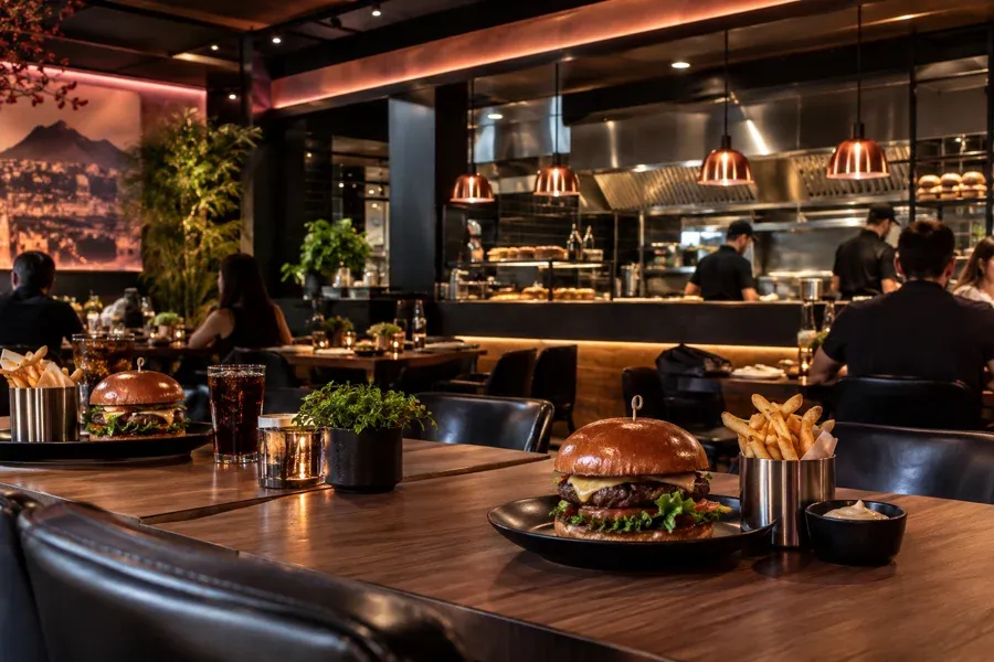 Salón de hamburguesería moderna en Lima con combos y cocina abierta
