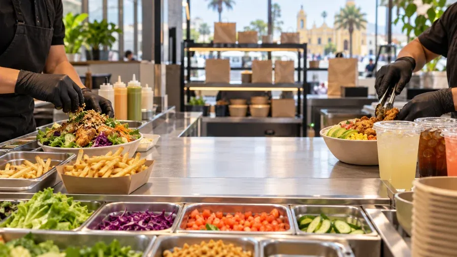 Mostrador fast casual en Trujillo preparando bowls, papas y bebidas