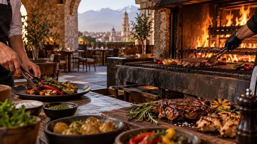 Restaurante grill en Arequipa con parrilla abierta y platos servidos